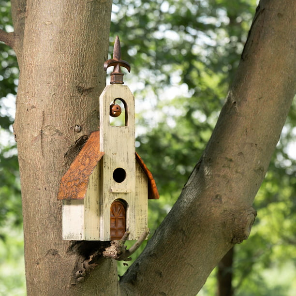 Glitzhome Hanging Distressed Wooden Garden Church Birdhouse With Bell ...