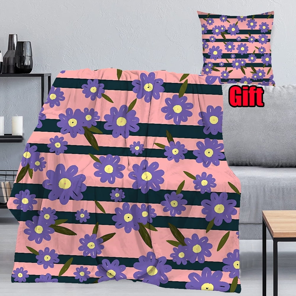 Striped Floral Print Throws Blanket With Pillowcases For Office, Bed, Sofa 3D Printed Throw ...