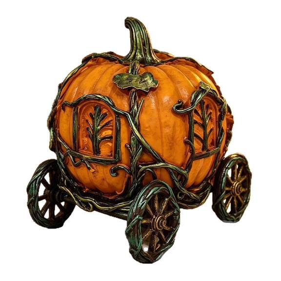 Enchanted Pumpkin Carriage Figurine Sculpture with Vine Details, Halloween Decor, Fairy Tale Design, Tabletop Ornament, Mantel & Shelf Display, Harvest Thanksgiving Gifts