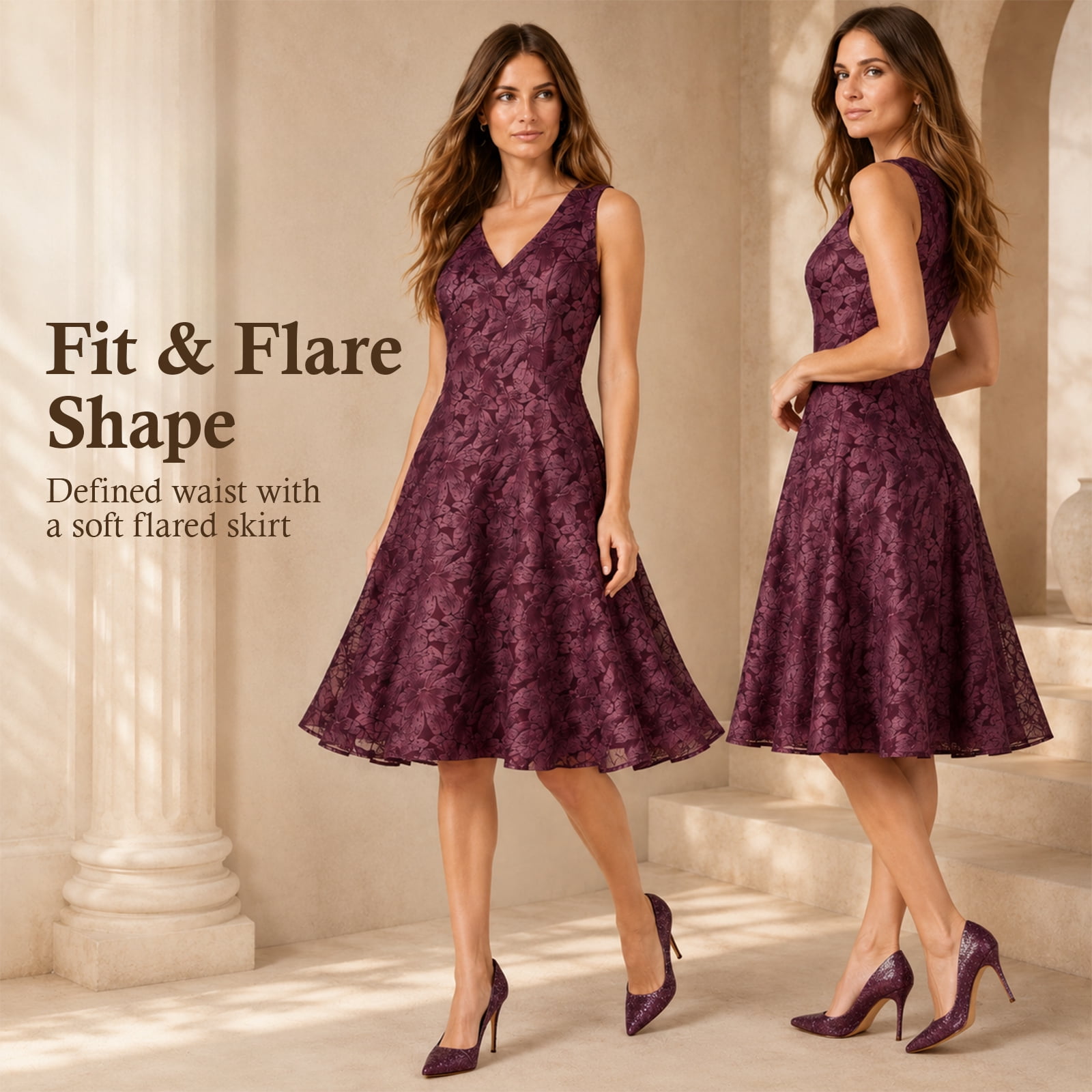 Alvantor Summer Dresses for Women, Sleeveless V-Neck Fit and Flare Poly Chiffon Dress, Burgundy