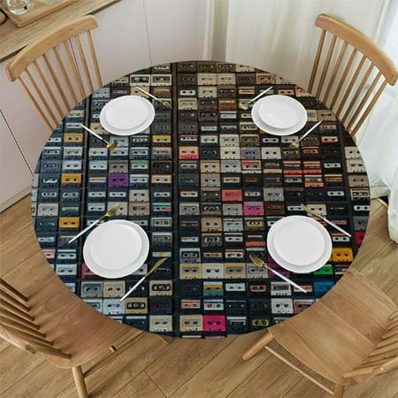 

Patifu Cassette Tapes Round Table Cover Stain Resistant Washable Indoor Outdoor Tablecloth Kitchen Dining Wedding Parties Picnic Camping 100% Polyester Fiber 42-46