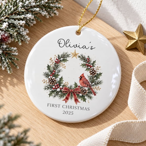 Personalised First Christmas Ornament Christmas Wreath Ceramic Keepsake Decoration for Tree Gift