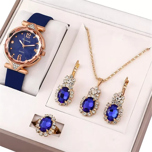 Kit Reloj 5 Piezas Lujo De Cuarzo Con Diamantes Para Mujer