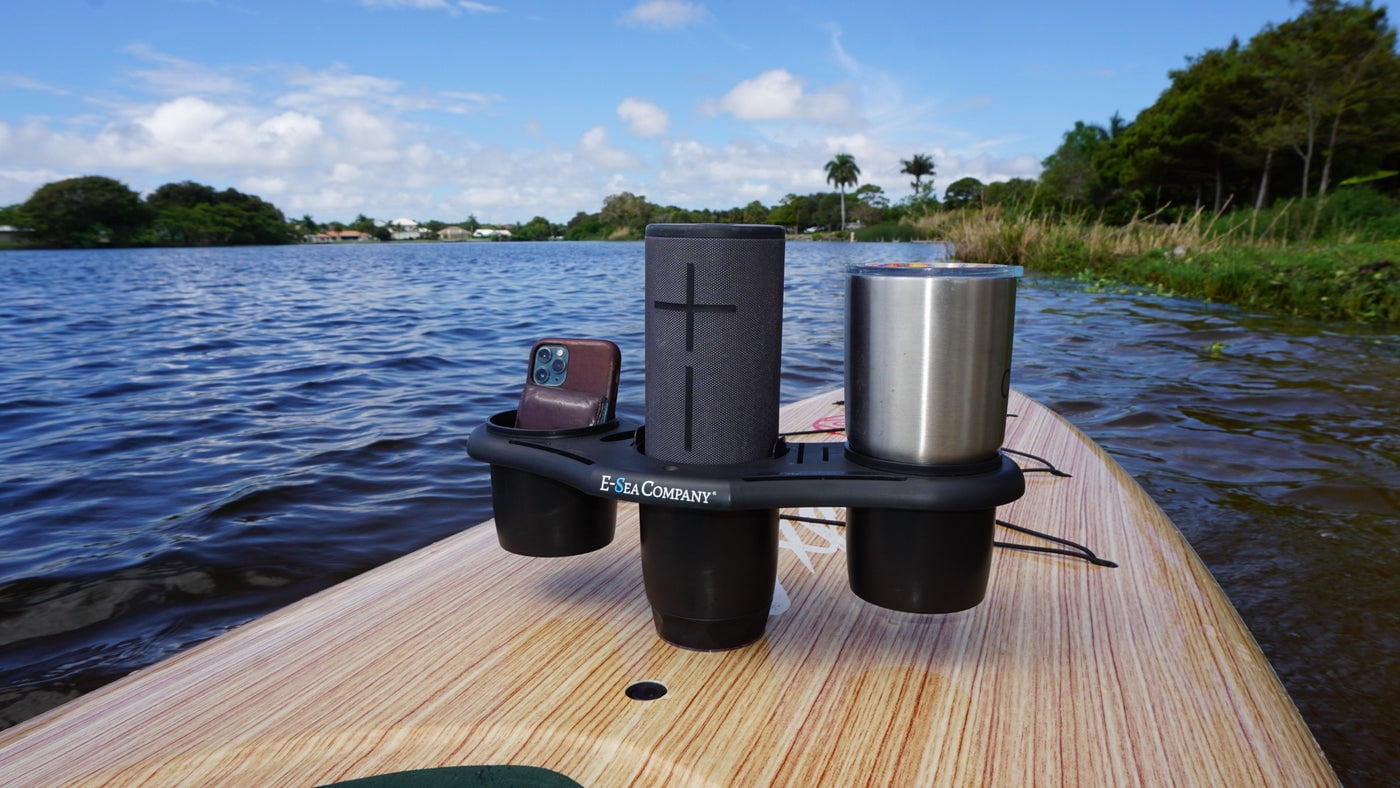 E-Sea Company E-Sea Caddy Pro-(Black). Multi Cup Suction Mounted Drink Holder w/Knife, Pliers, Hook and Sunglass Storage. Perfect for Boats, Paddle Boards, Kayaks, Camping and More!