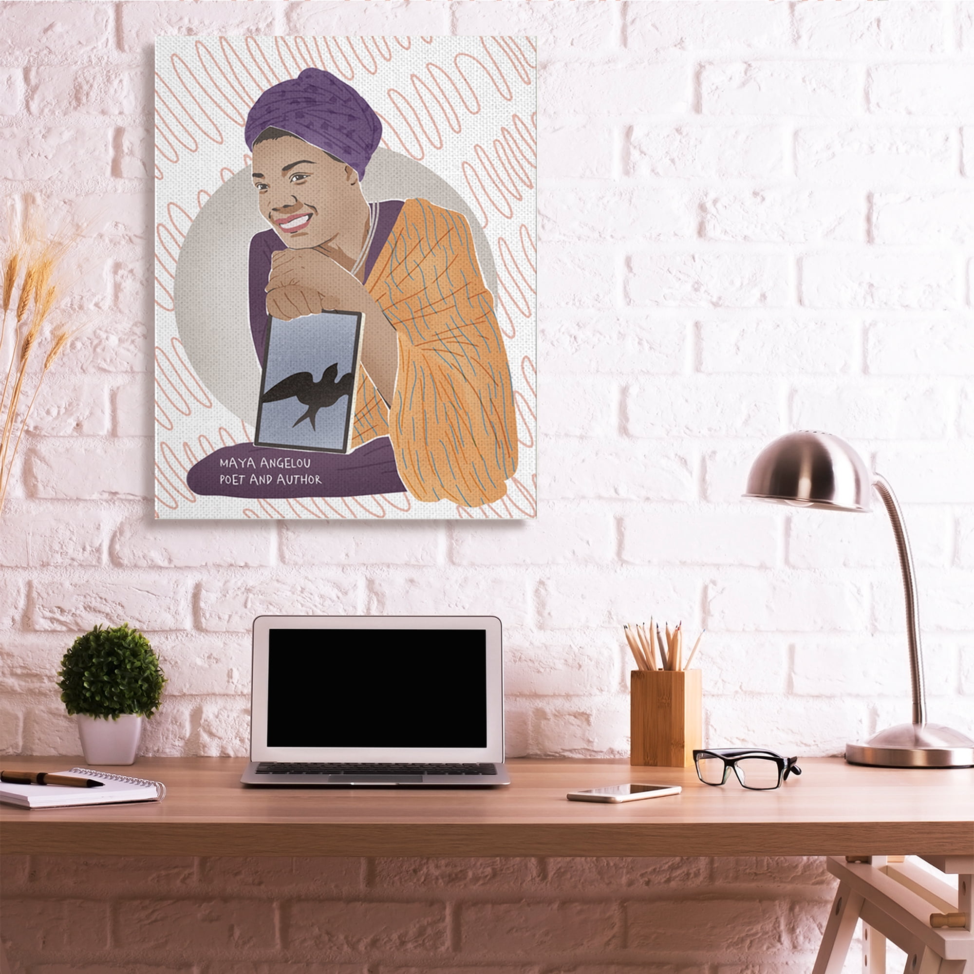 Stupell Industries Maya With Book Over Pattern Female Literary Icon Novelty Painting Gallery Wrapped Canvas Art Print Wall Art, 36 x 48