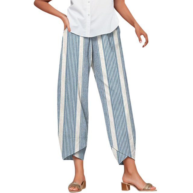 Pantalones jogger mujer Gibobby Pantalones palazzo holgados cómodos de lino de algodón recortados con estampado de verano con bolsillos Azul XXL