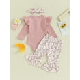 thumbnail image 5 of Infant Baby Girls Sping Fall Outfits Long Sleeve Ribbed Romper Daisy Elastic Flared Pants Headband 3Pcs Clothes Set, 5 of 8