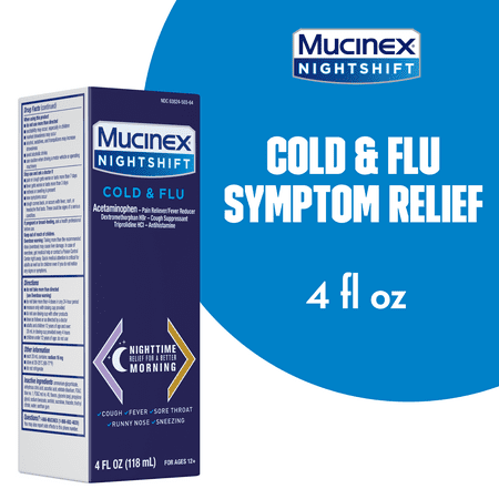 MUCINEX® Nightshift® Cold & Flu Liquid 4 fl. oz. Relieves Fever, Sneezing, Sore Throat, Runny Nose, and Controls Cough