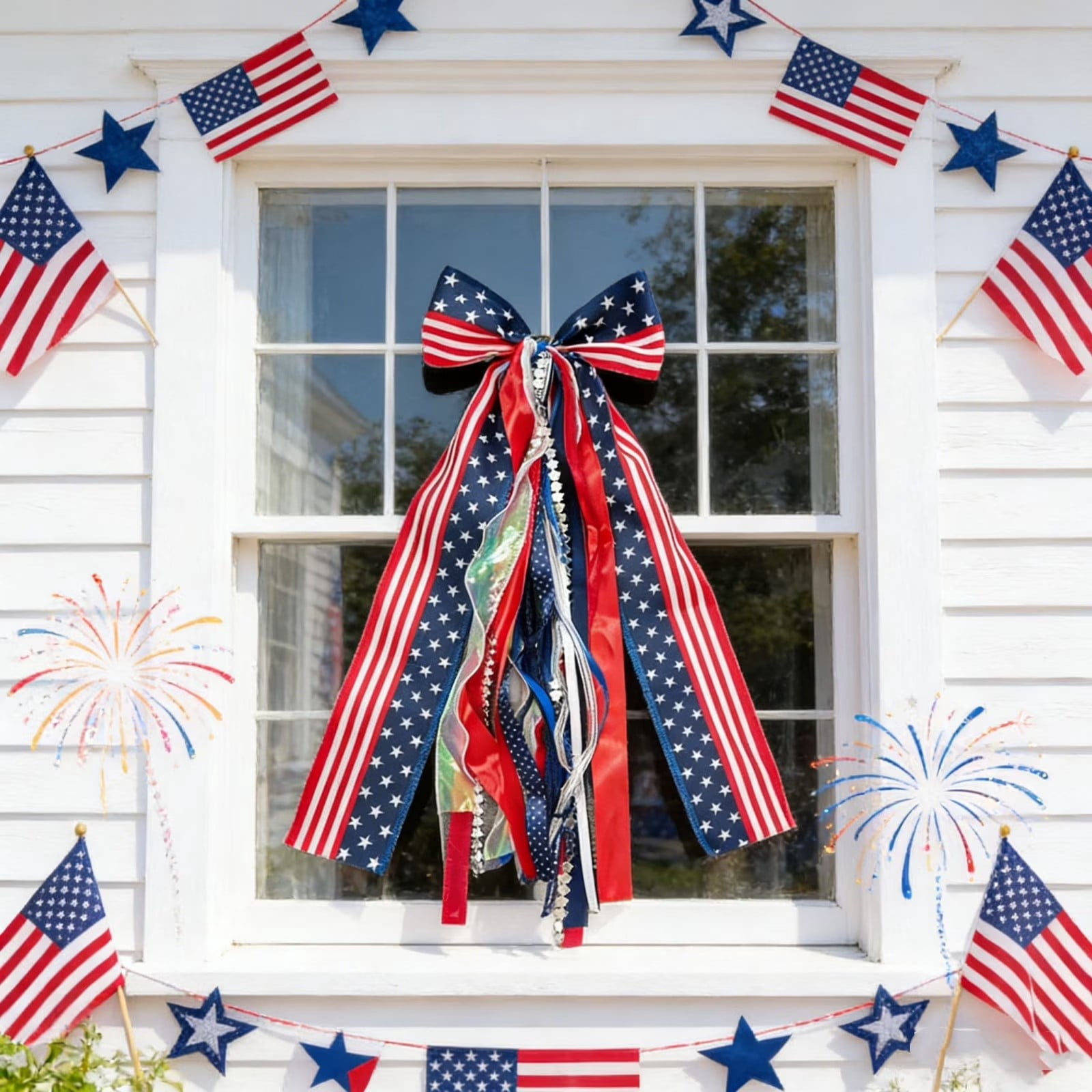 Large 4th of July Wreath Bow 24 Inch Patriotic Ribbon Bow Red White Blue Tree Topper Memorial Day Independence Day Decor for Front Door Indoor Outdoor Home