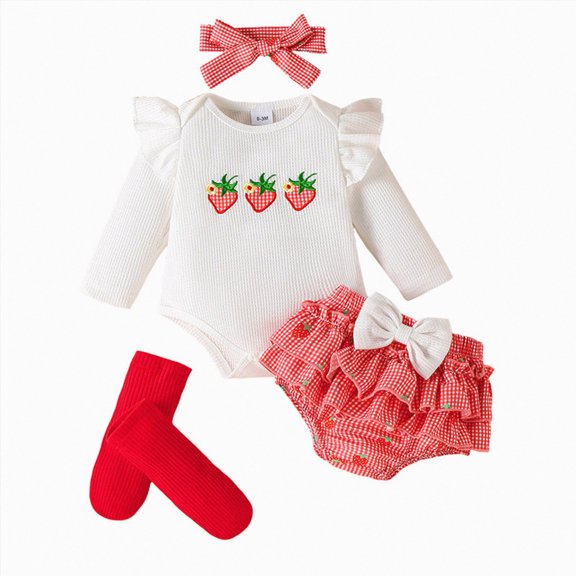 Xudanell Newborn Baby Girl Clothes Strawberry Ribbed Romper Tops Bow Bell Bottoms Pants Fall Winter Coming Home Outfit Set(Red, 6-9 Months)
