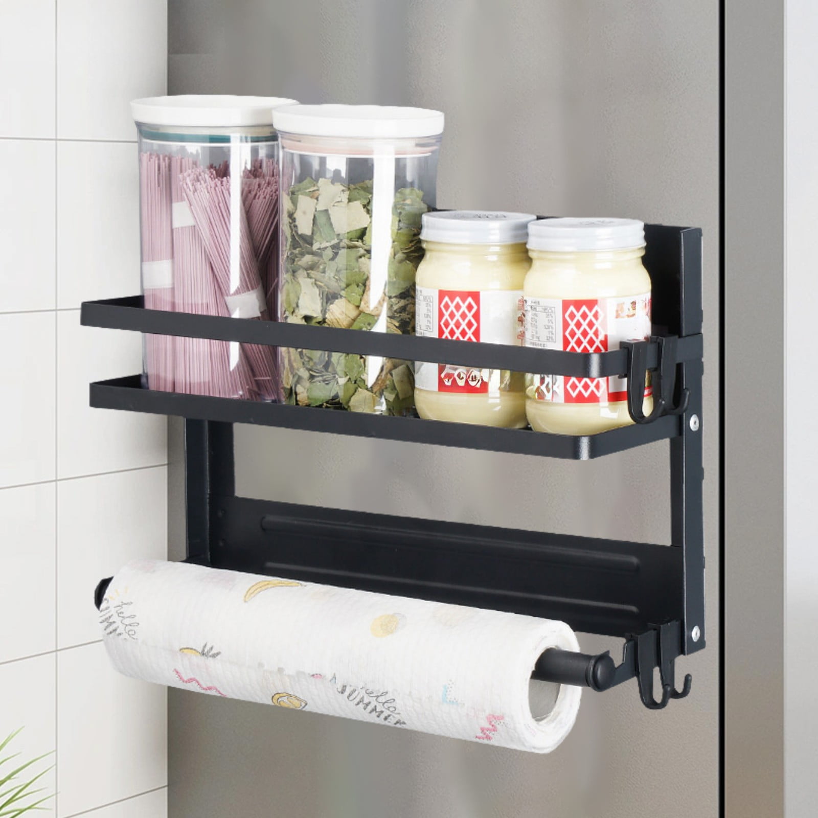 CasaChic Folding Magnetic Refrigerator Shelf, Iron Wall Mounted Organizer with Partitioned Storage, Raised Guardrail & Movable Hooks, Space Saving for Kitchen Clingfilm & Seasoning Bottles