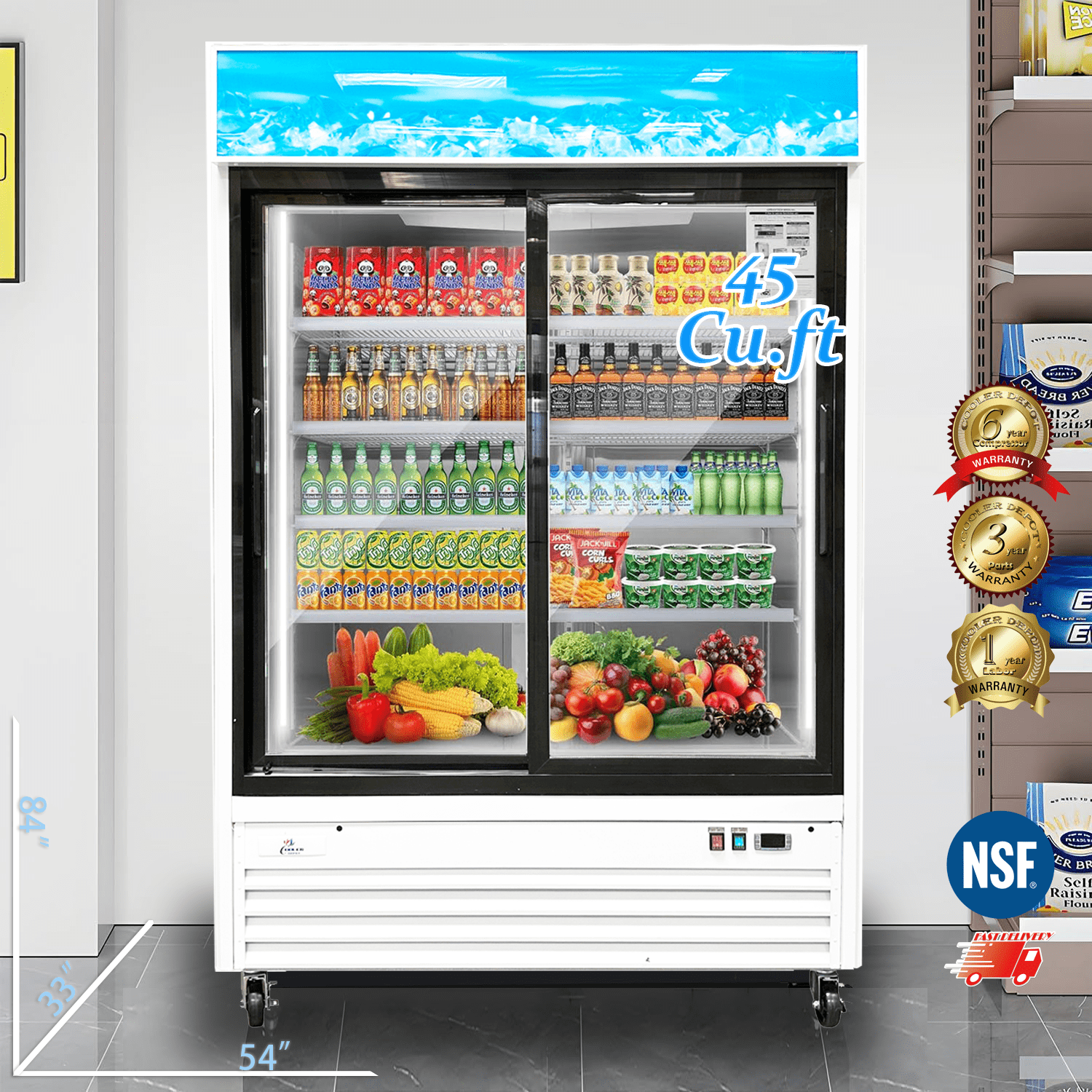 Cooler Depot Commercial 54 inchs 45 cu. ft, Glass door Merchandiser display Refrigerator, NSF Certified.