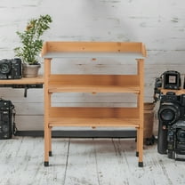 CQSXDA 30 Inch Metal Tabletop Potting Table in Natural Wood, 3 Layer Outdoor Work Bench with Hook for Gardening Projects