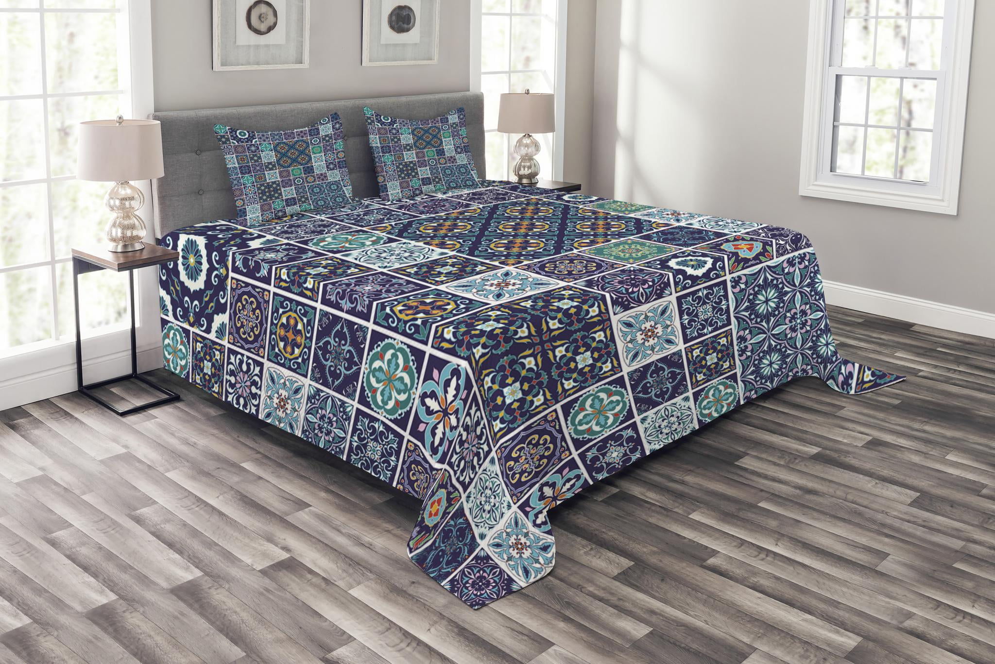 Ethnic Bedspread Set Queen Size, Traditional Mosaic Azulejo Portuguese