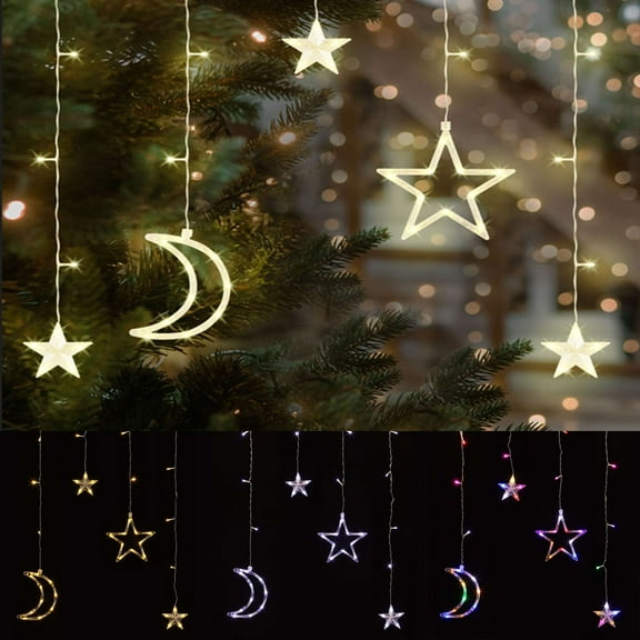 Luxtrada 120 Led Curtain String Light Star Moon Icicle Light with 8 Lighting Modes Fairy String for Window Wall Home Christmas Decoration (Yellow)