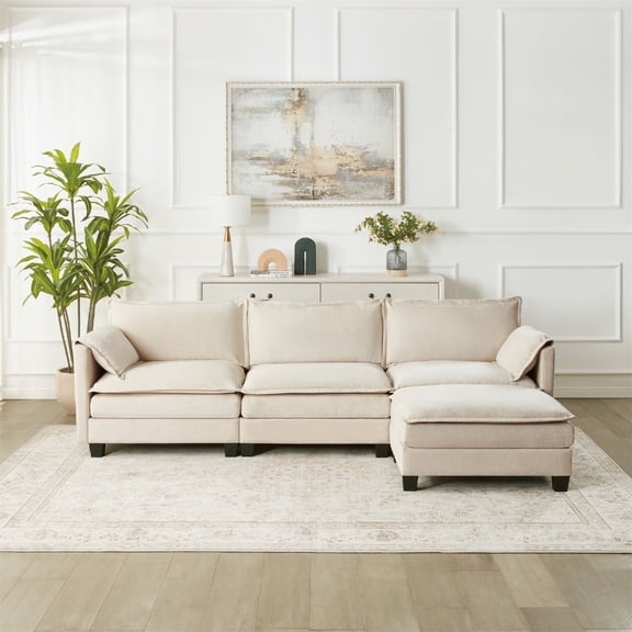 Hommoo 107-inch Cotton-Linen Velvet Texture L-shaped Sectional Sofa, 3 Seats Corner Sofa Set with Ottoman & Side Bag, Beige
