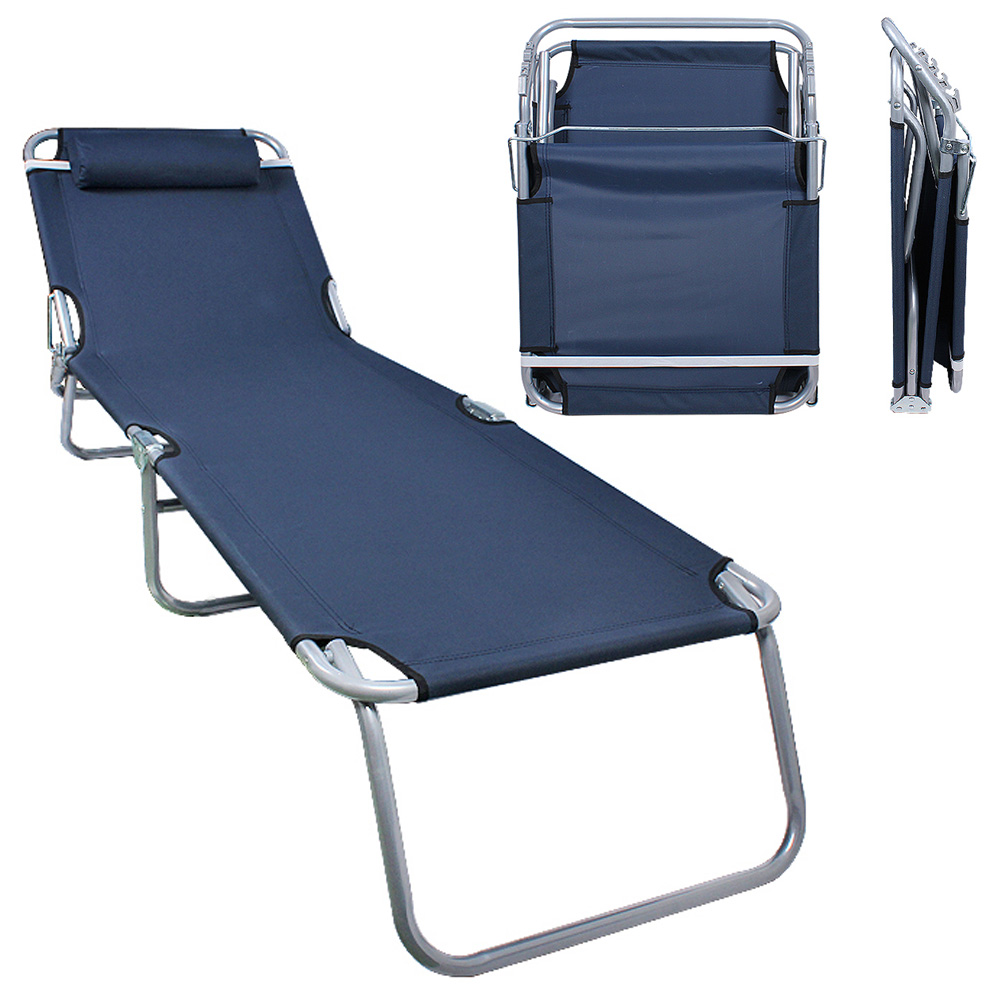 Portable Sun Lounger Bed Recliner Relaxer for Outdoor Indoor Yard Pool Beach Camping Sleep Garden with Removable Pillow Headrest Reclining Folding Cot Dark Blue Flexzion Patio Chaise Lounge Chair