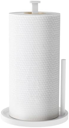 Paper Towel Holder Countertop, Standing Paper Roll Holder with Anti Slip Weighted Base, Stainless Steel Freestanding Paper Towel Holder for Kitchen, White