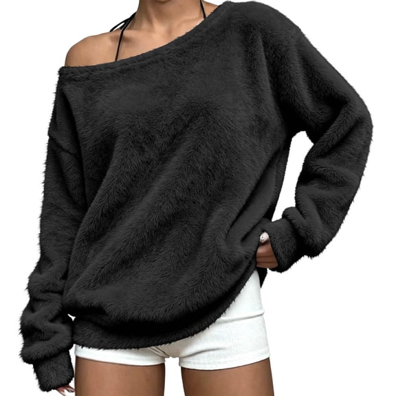 ZHYou Fuzzy Fleece Tops for Women Off Shoulder Oversized Loose Thick Warm Casual Loungewear Pullover Sweatshirts,Black,Size L