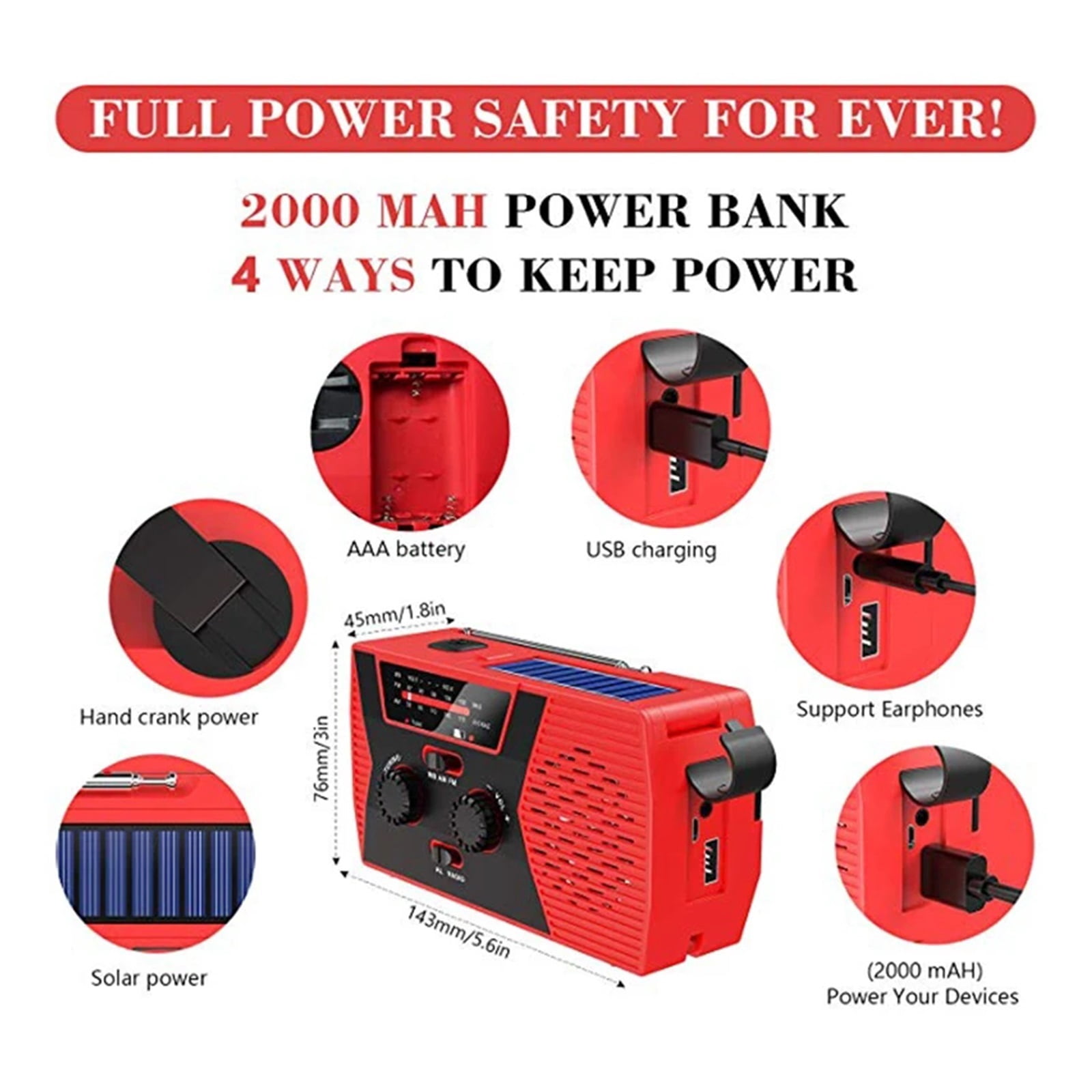 Multifunctional Solar Hand Crank Radio FM AM WB NOAA Weather Radio 2000mAh USB Charging Emergency LED Flashlight Power