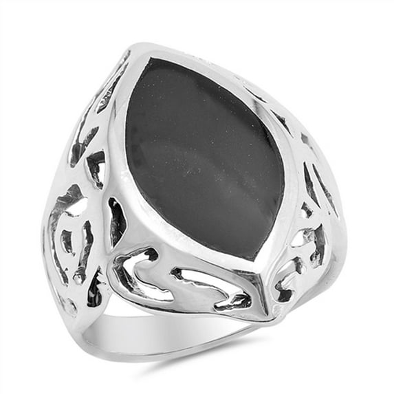 Simulated Black Onyx Huge Marquise Filigree Ring .925 Sterling Silver Band CZ Female Size 6