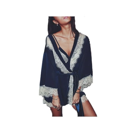 

ZAXARRA 3Pcs Women s Lace Sleepwear Satin Nightwear Lingerie Pajamas Suit