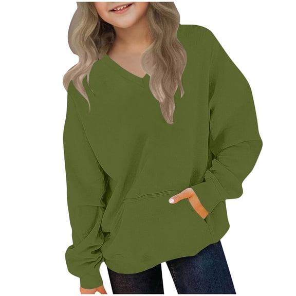 Khunlpohl Kid's Casual Sweatshirts V Neck Long Sleeve Loose Tops Solid Color Fall Winter Clothes with Pockets for Boys Girls