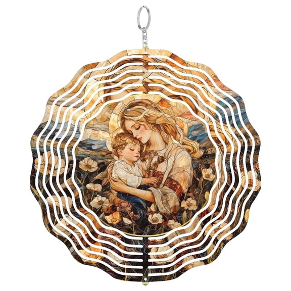 Sacred Mother and Child 3D Wind Spinner, UV Printed Tinplate, Religious Art Decor, New Mother Gift, Round