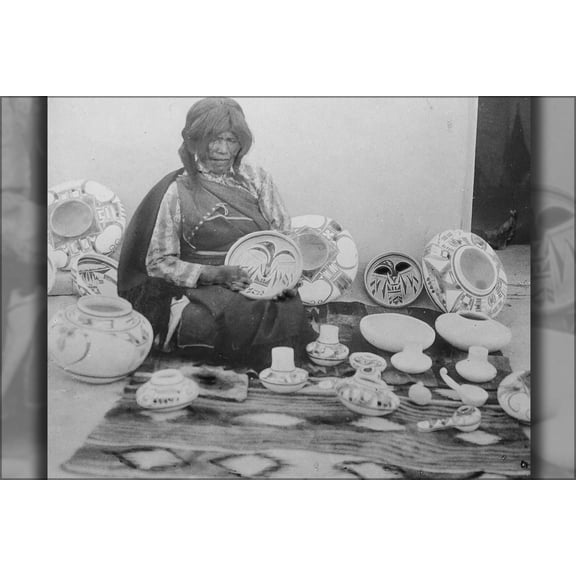 24"x36" Gallery Poster, Nampeyo, Hopi pottery maker, seated, with examples of her work, 1900