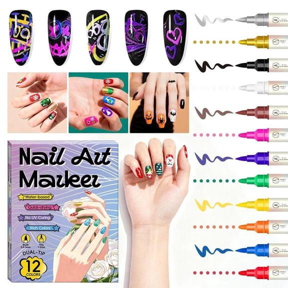 12 Colors Dual-Tip Nail Art Marker Pens, Water-Based Quick-Dry Acrylic Paint Pens for DIY Manicure, Fine & Brush Tips, No UV Lamp Needed