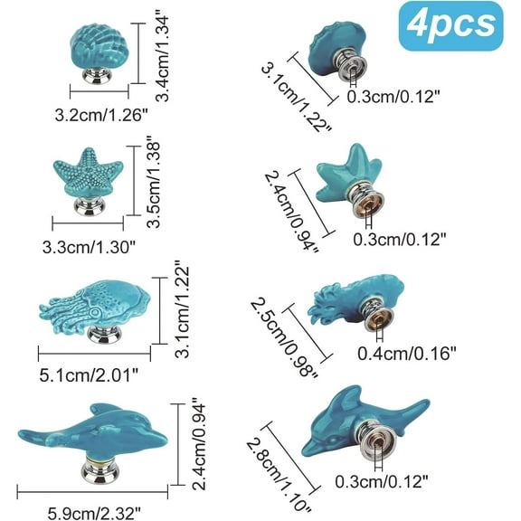 1bag Porcelain Drawer Knobs with Zinc Alloy Finding and Iron Screw for Home Cabinet Cupboard and Dresser Mixed Shapes Deep Sky Blue 4sets/bag