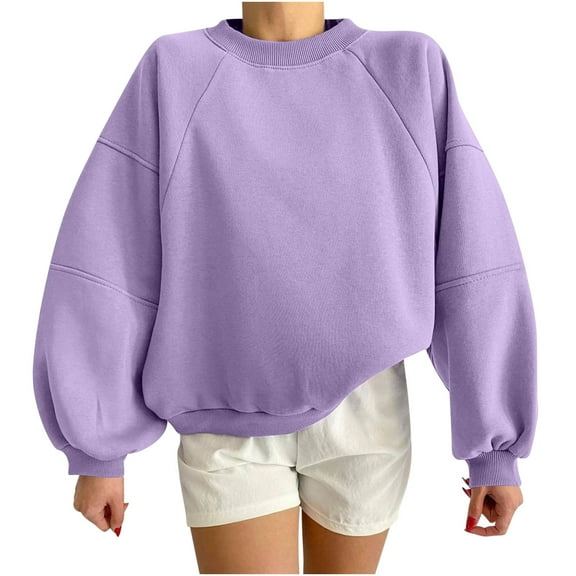 JWZUY Women Fall Jumper Cotton Sweatshirt Round Neck Long Sleeve Outwear Solid Raglan Sweatshirts Adorable Pullover Purple L