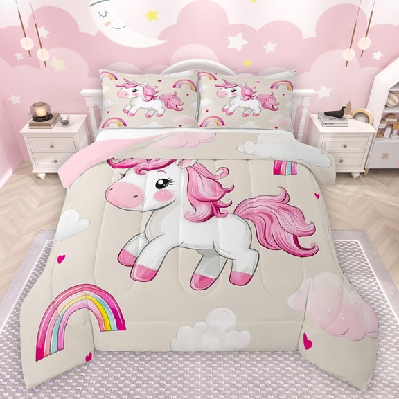 Feelyou Kawaii Pink Unicorn Bedding Comforter Set for Kids, Dreamy Rainbow Cloud Twin Comforter Sets, Cute Animal Theme Reversible Bedding Set, Breathable Home Decor, 2pcs