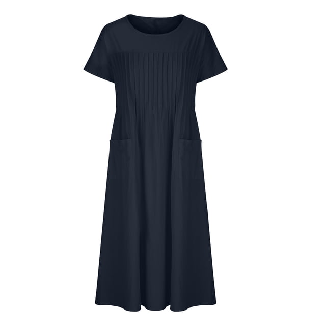 Bowake Robes d'Été Grande Taille pour Femmes Col Rond Manches Courtes Robe en Coton Lin Décontractée Midi Ample avec Poches