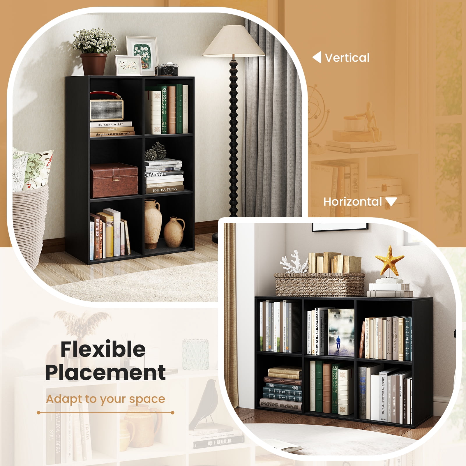 Costway 6-Cube Bookcase Modern 3-Tier Storage Organizer Horizontal Vertical Bookshelf Black