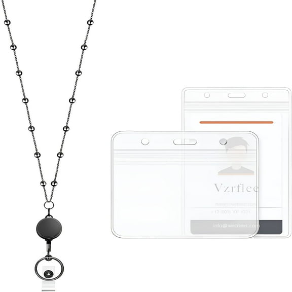 DESIGNICE 2026 New Retractable Badge Reel Lanyard with 2 Pieces Id Holder for Women,Fashion Beaded Chain Stainless Steel Lanyard Necklace Water Resistant Name Badge Holder (Black)