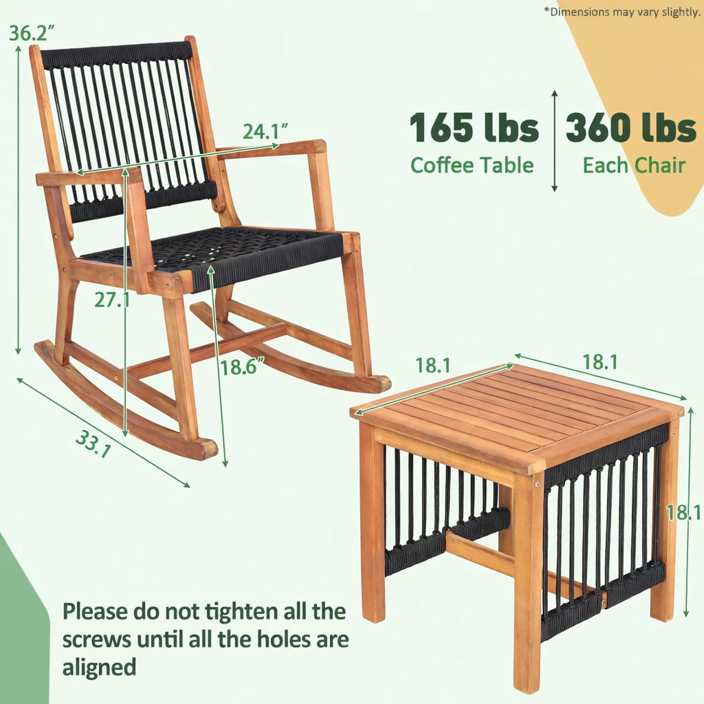 Hommoo 3-Piece Outdoor Acacia Wood Rocking Bistro Set with Breathable Plastic Rope Chairs & Square Coffee Table, Navy