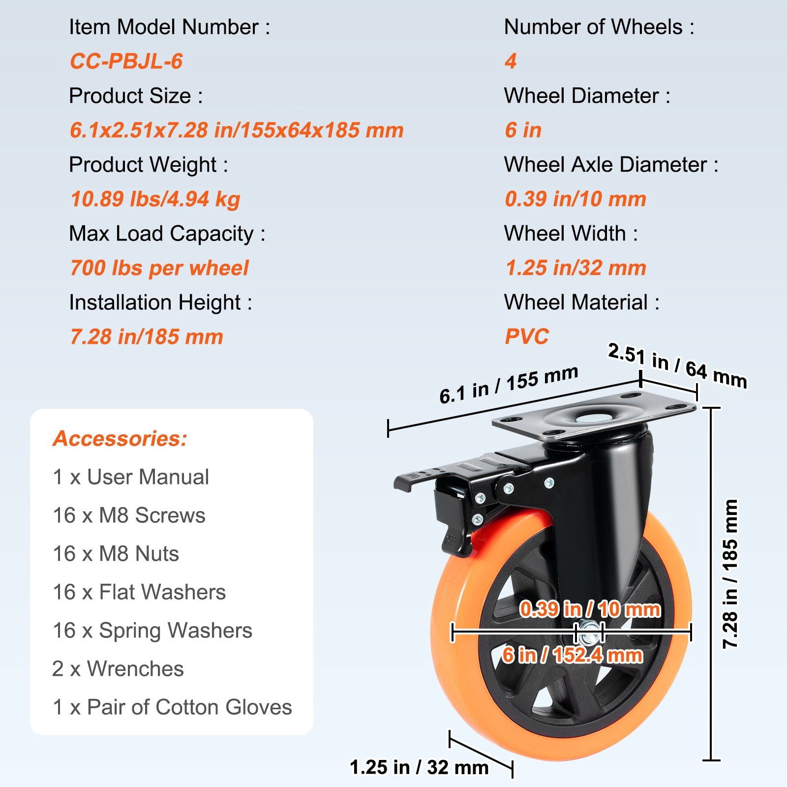 Non-Marking 6" Swivel Plate Casters - 4-Pack with Security Lock, 700lbs Capacity, PVC Wheels for Furniture/Cart