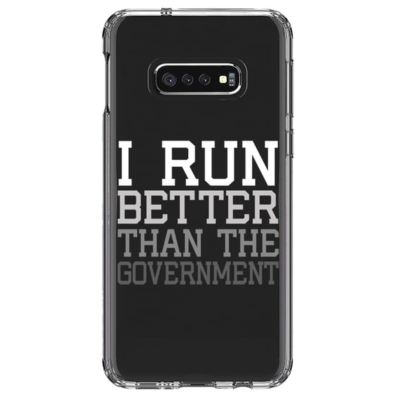 DistinctInk Clear Shockproof Hybrid Case for Samsung Galaxy S10e (5.8" Screen) - TPU Bumper Acrylic Back Tempered Glass Screen Protector - I Run Better Than the Government