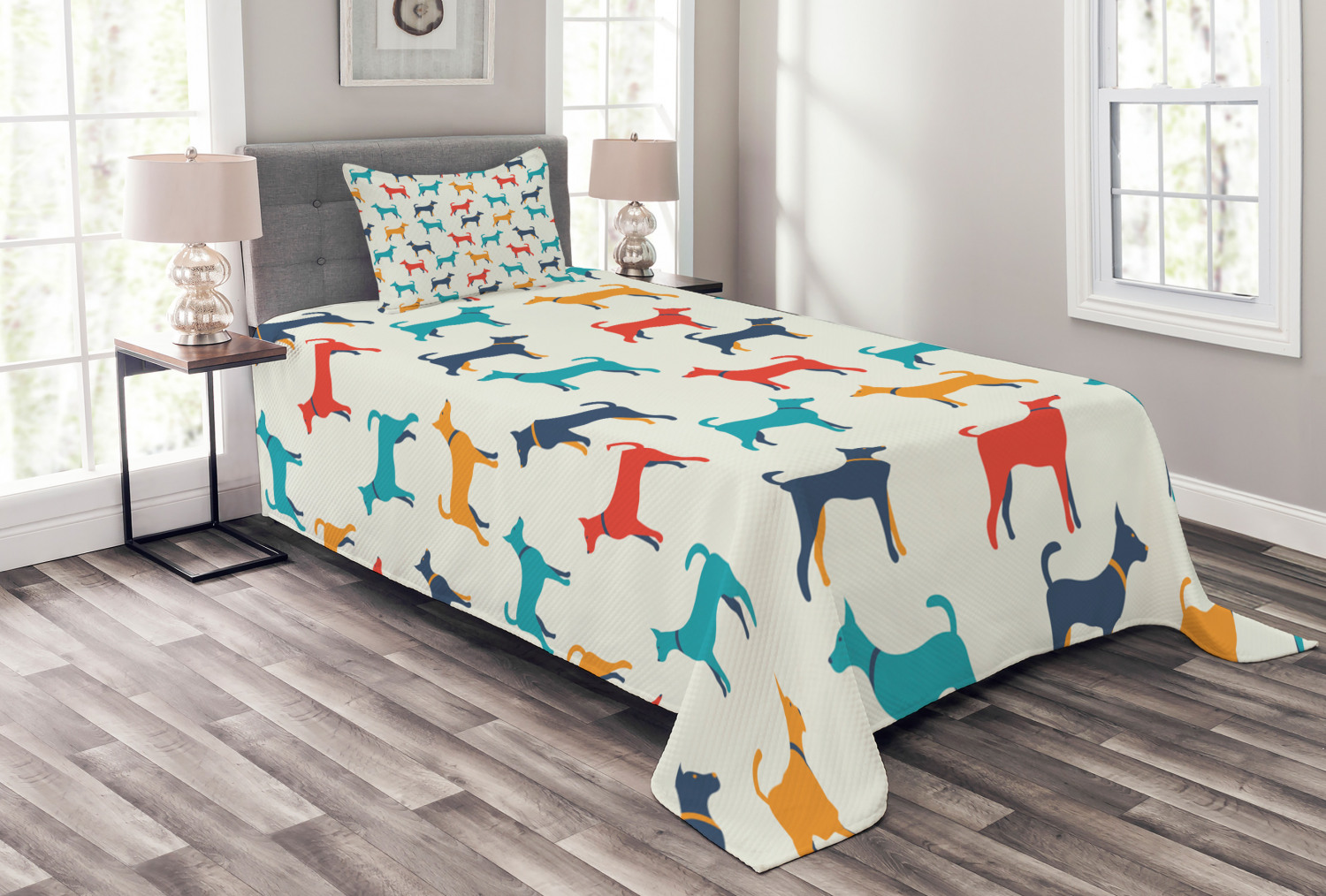 Dog Bedspread Set, Contemporary Colorful Illustration of Dog Figures