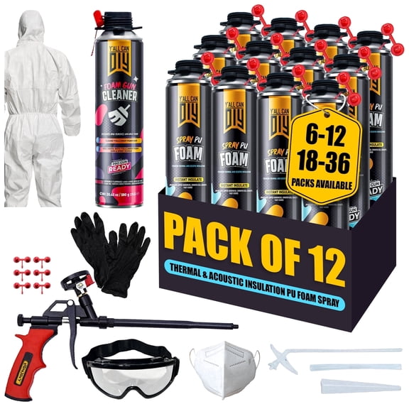 Y’allCanDIY Spray Foam Insulation Kit 12 Pack (32.8 oz Each), 240 Board Feet Coverage for Home Insulation, Gaps and Cracks, Wall, Garage and Attic, with Foam Gun & Accessories