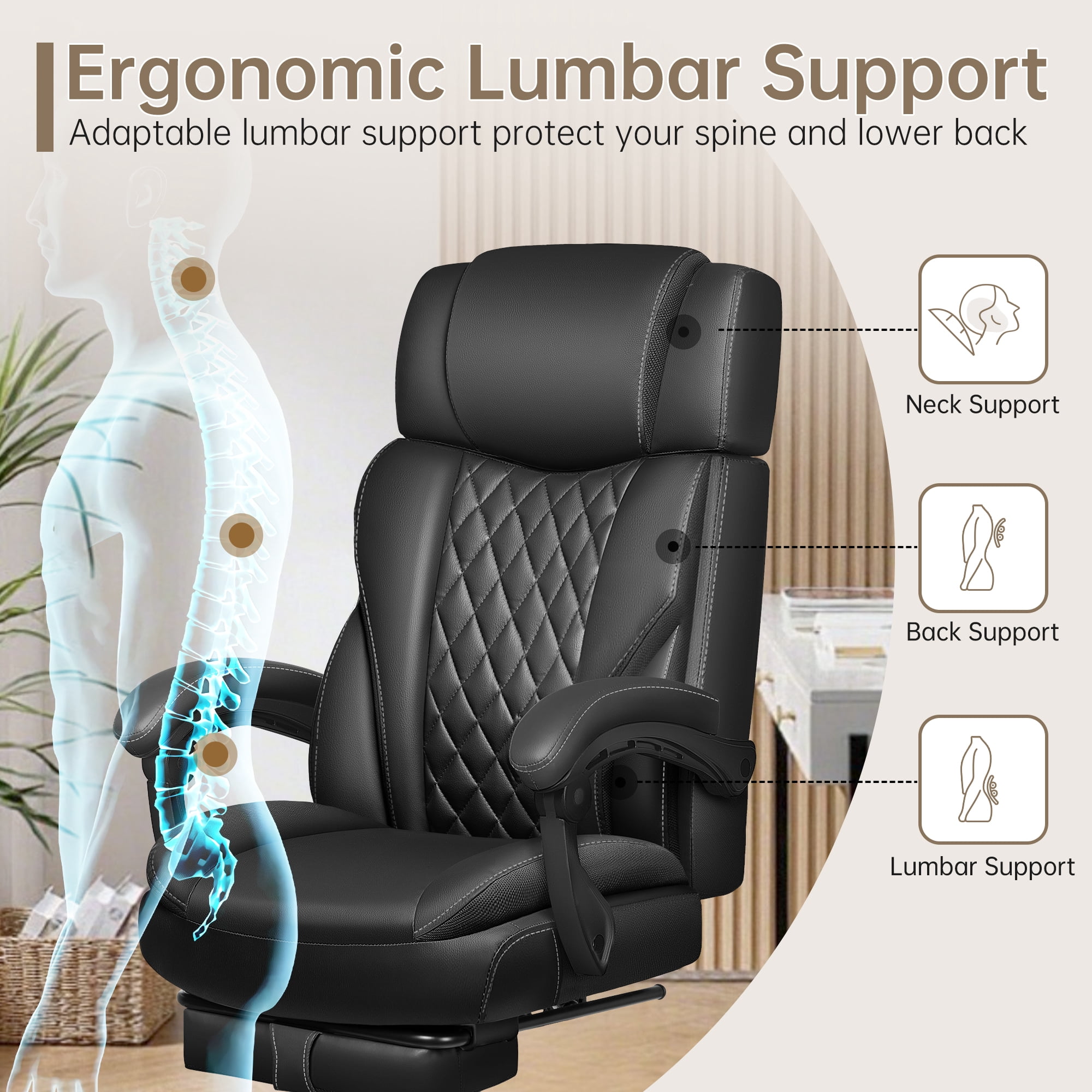 FASTES Big and Tall Ergonomic Office Chair with Footrest - Leather Computer Desk Chair, Reclining High Back Ergonomic Chair with Adjustable Headrest & Lumbar Support, Black