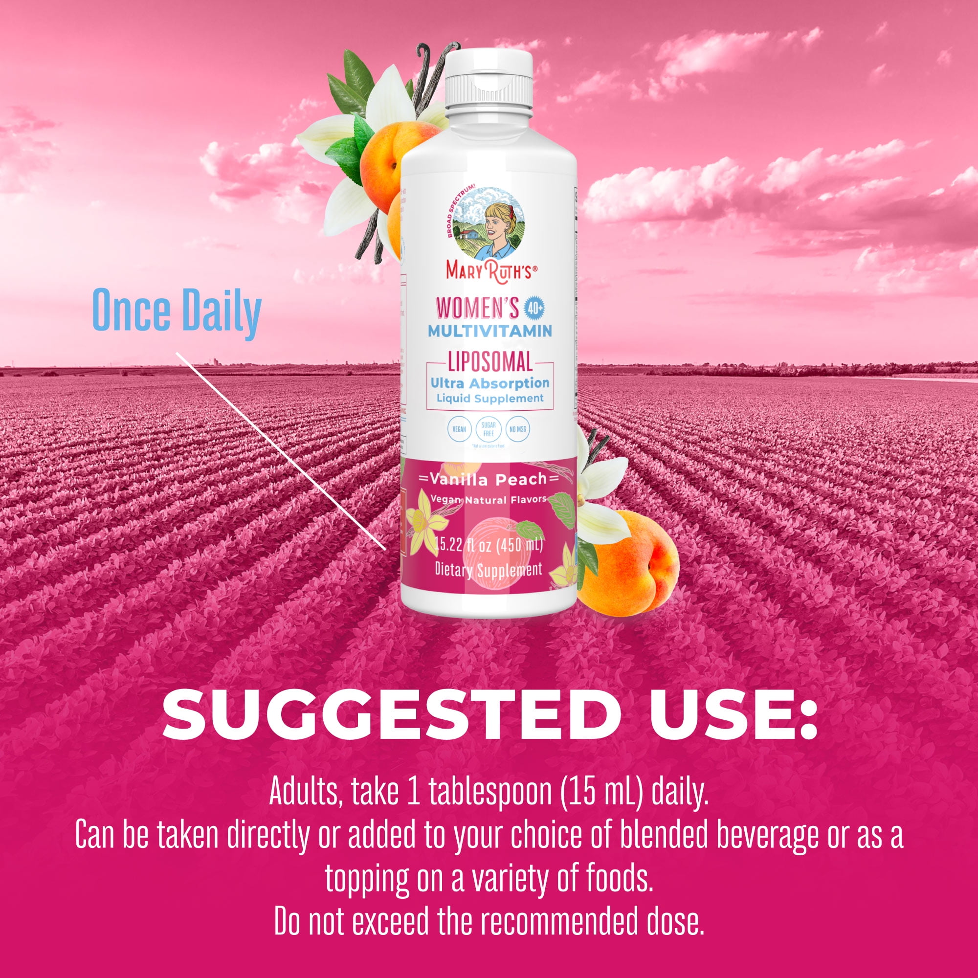 MaryRuth's Women's Multivitamin Liquid 40+, One Bottle 15.22 Fl Oz for Women, Vanilla Peach Flavor