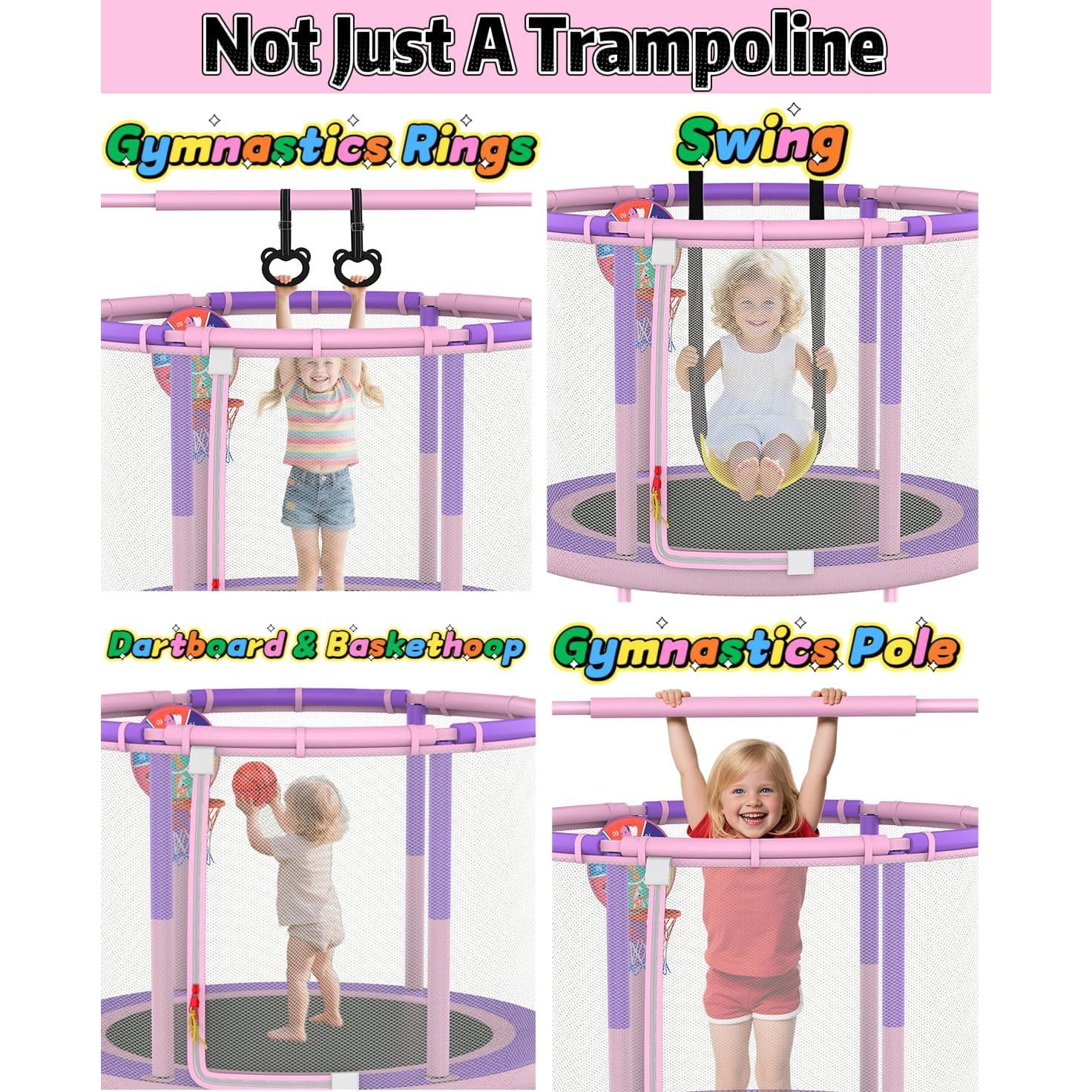 LANGXUN 60 Inch 5ft Kids Trampoline, 6-in-1 Toddler Mini Bouncer with Swing, Basketball Hoop, Dart Board & Rings, Indoor Outdoor Play Set for Boys & Girls