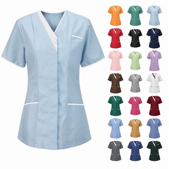Meichang Nursing Scrubs for Women V Neck Scrubs T Shirt Short Sleeve Scrub Tops Snap Front Scrub Top with Pockets