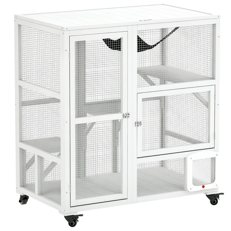 PawHut Indoor Wooden Catio, Cat House Cat Enclosure on Wheels with PawHut Indoor Wooden Catio, Cat House Cat Enclosure on Wheels with