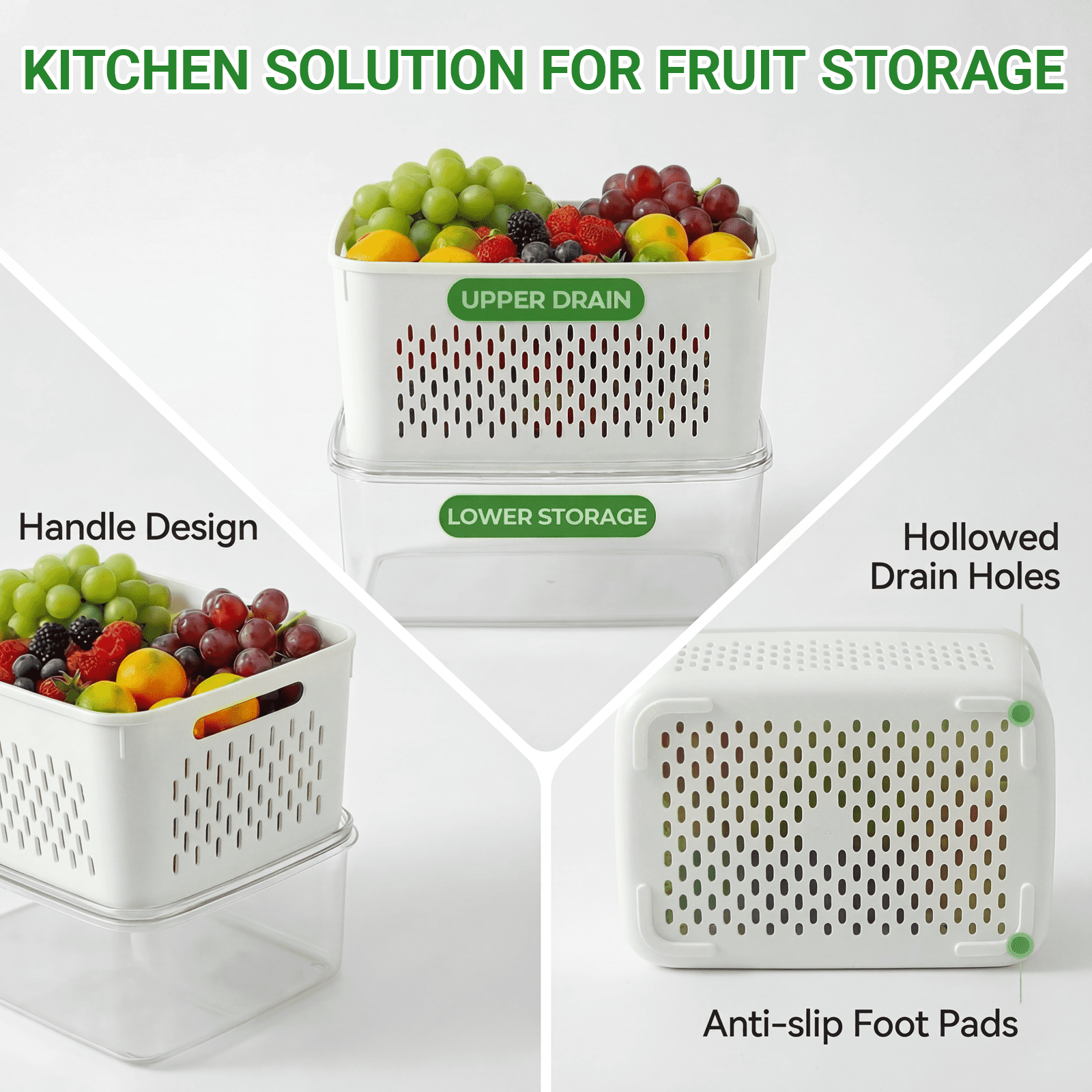 5 PCS Fruit Storage Containers for Fridge with Handle, Leakproof Produce Containers for Fridge with Removable Colander, All-In-One Fruit Containers Stainers Berry, Fruits, Vegetables, Salad, Lettuce