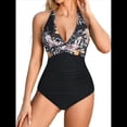 thumbnail image 3 of Trajes de Baño de una Pieza con Control de Abdomen para Mujer, Trajes de Baño Push Up con Cuello Halter Negro y Flor XL, 3 of 7
