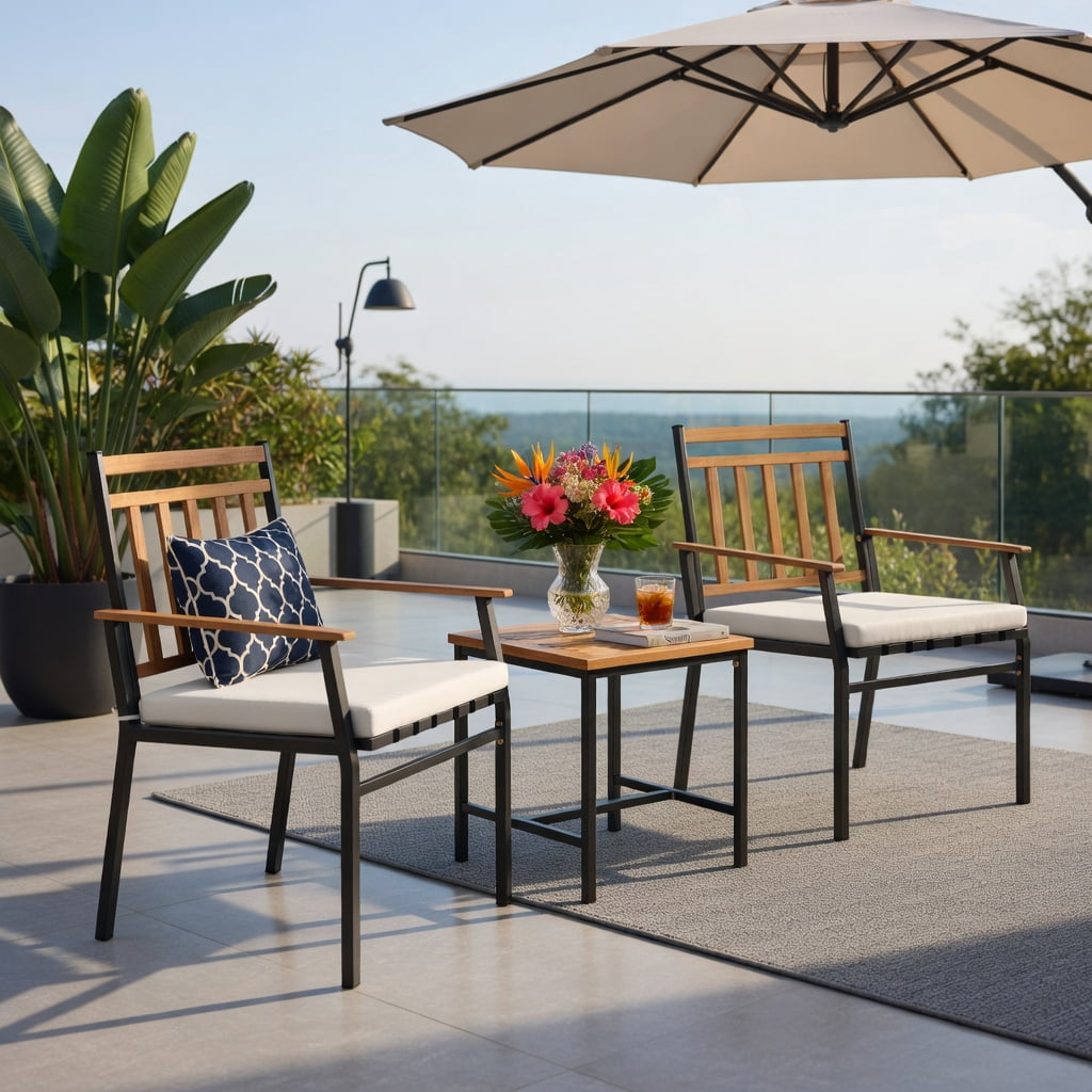 Hommoo 3-Piece Acacia Wood Outdoor Patio Conversation Set with Cushions, Sturdy Metal Frame, Ergonomic Chairs & Coffee Table for Backyard, Deck or Balcony, White