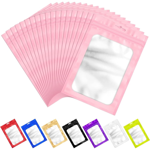 Paquete de 100 bolsas de almacenamiento de alimentos resellables rosas, bolsas de embalaje resellables, bolsa de sellado térmico con ventana transparente esmerilada, bolsa sellada, bolsa de aluminio